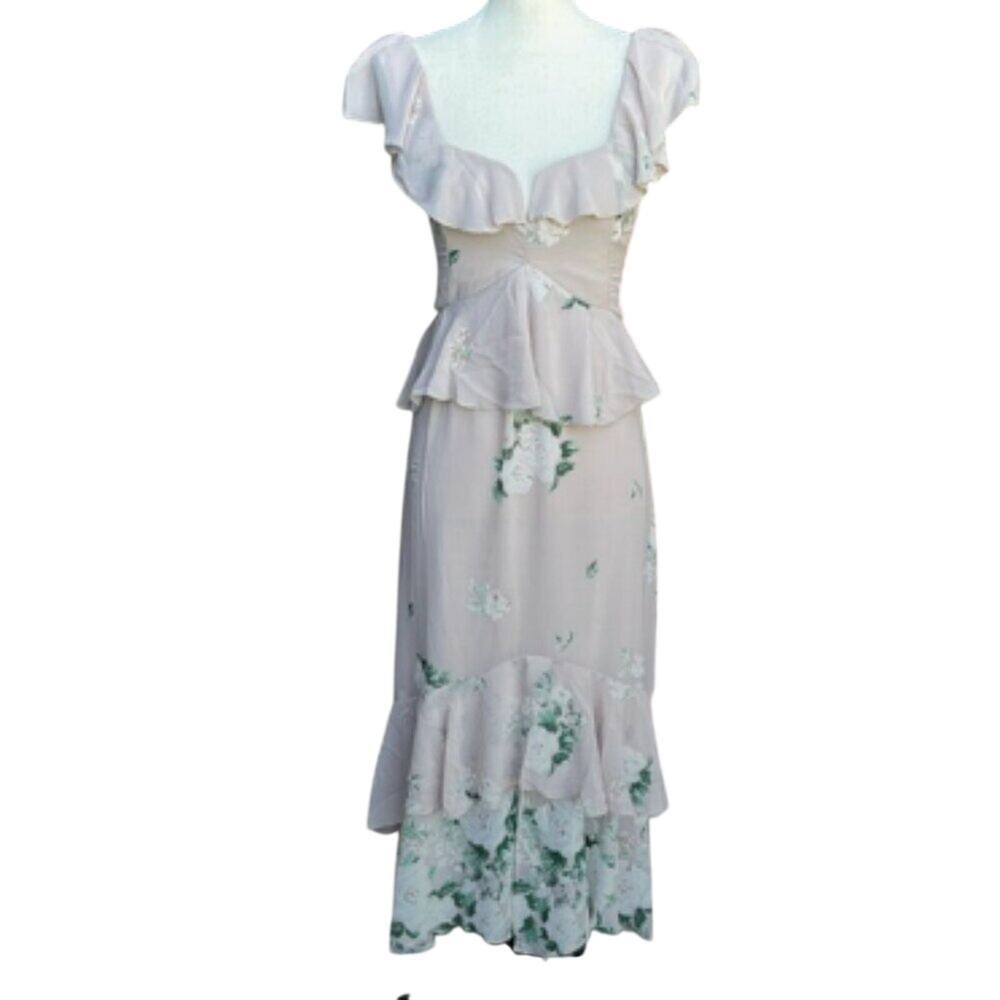 Show Me Your Mumu Reese Ruffle Midi Dress XS NWT Beige Floral Wedding Guest